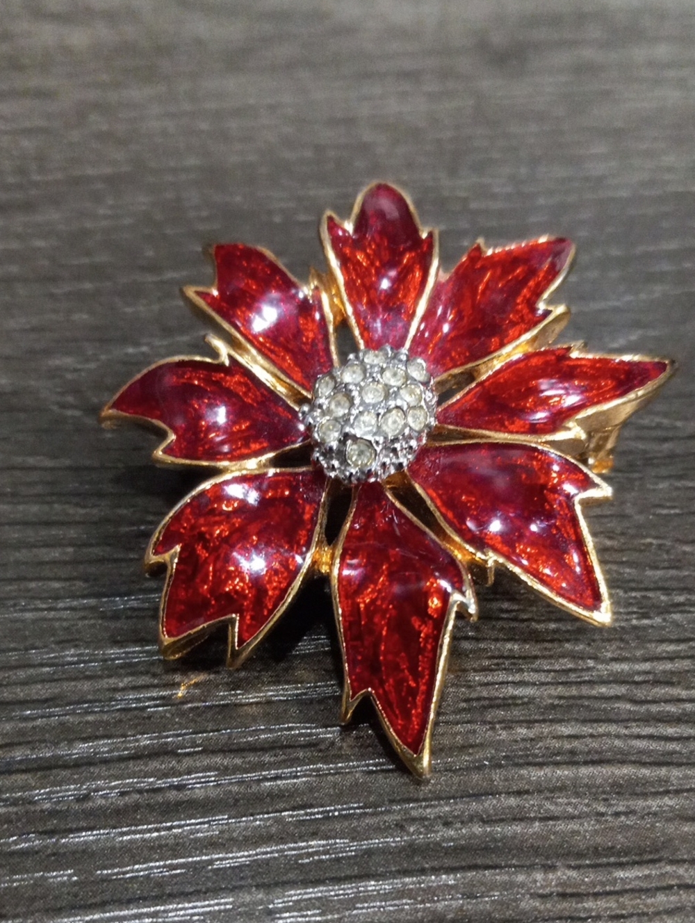 Vintage Red Floral Crystal Poinsettia Brooch